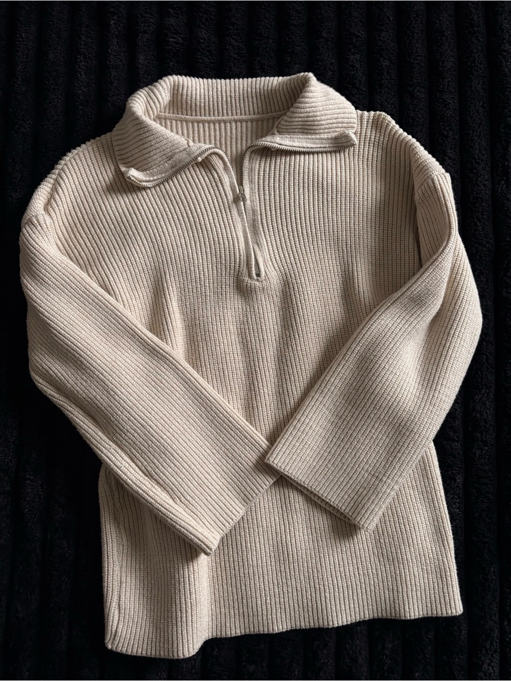 cream ribbed knit quarter zip sweater